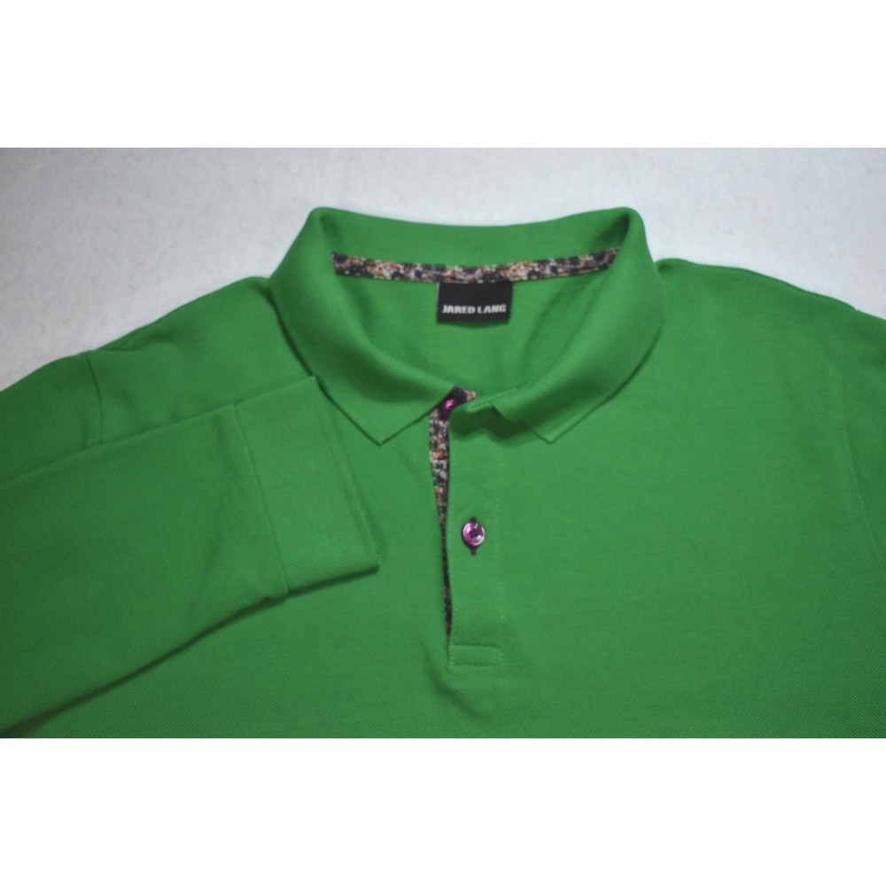 Jared Lang Green Long Sleeve Polo Shirt Floral Trim Detail Pique Knit Large